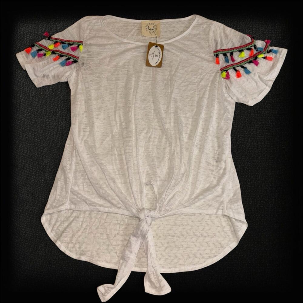 Fantastic Fawn NWT White Sheer Boho Tie Front Shirt Neon Tassel Sleeve Size M